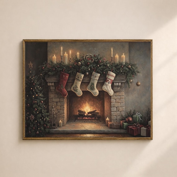 Christmas Fireplace Wall Art Printable, Vintage Holiday Mantel Print, Victorian Christmas Decor