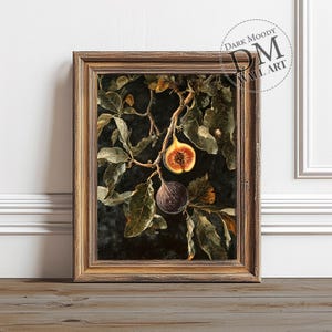 Vintage Feigendruck, druckbare Kunst Obst, stimmungsvolle Feigenbaummalerei, Küche Essen Wandkunst, Dark Academia Dekor, Cottagecore Wohnkultur