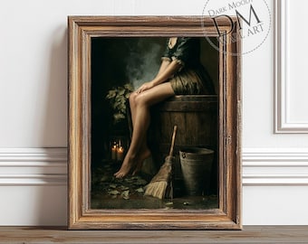 Witch Wall Art Printable, Moody Vintage Witch Bath Broom Still Life Print, Gothic Bedroom Decor
