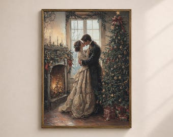 May include: A framed painting depicts a romantic Christmas scene. A couple embraces near a decorated Christmas tree and a fireplace. The artwork features warm colors, with a focus on the couple's embrace and the festive holiday setting.
