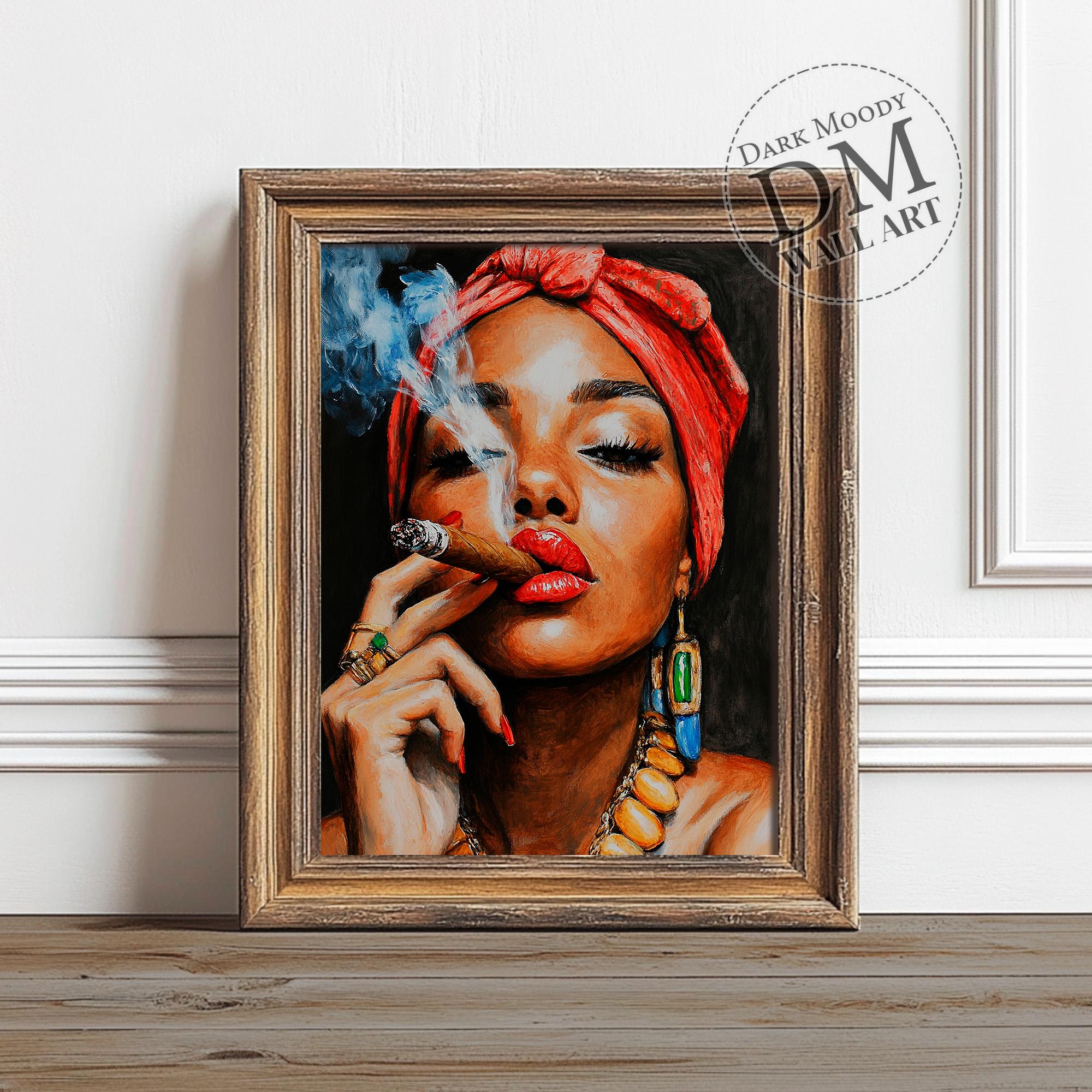 woman with cigarette painting Cigar Smoking Woman Printable Wall Art, Bold Moody Portrait Print, Vintage  Digital Download