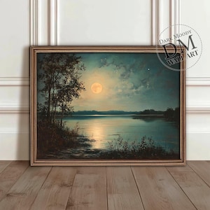 Moonlit Lake Printable Art, Moody Antique Oil Painting of Calm Night Scene, Digital Download