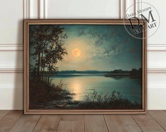 Moonlit Lake Printable Wall Art, Moody Night Sky Landscape Print, Digital Download