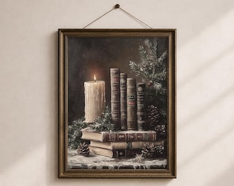 Christmas Books Wall Art Printable, Moody Candle Library Print, Dark Academia Office Decor