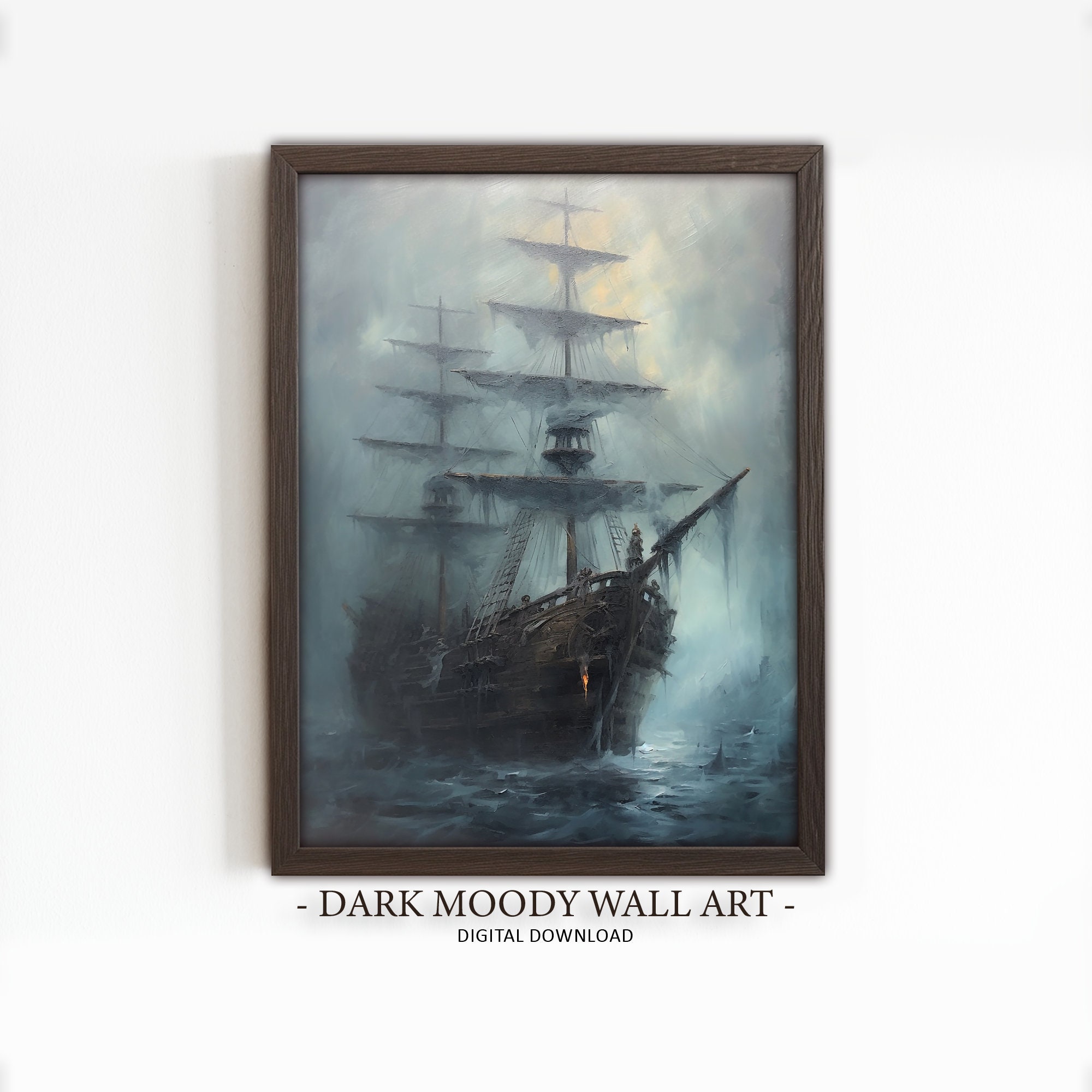 Cuadro de barco pirata fantasma, póster embrujado, impresión de Dark Academia, decoración digital imprimible
