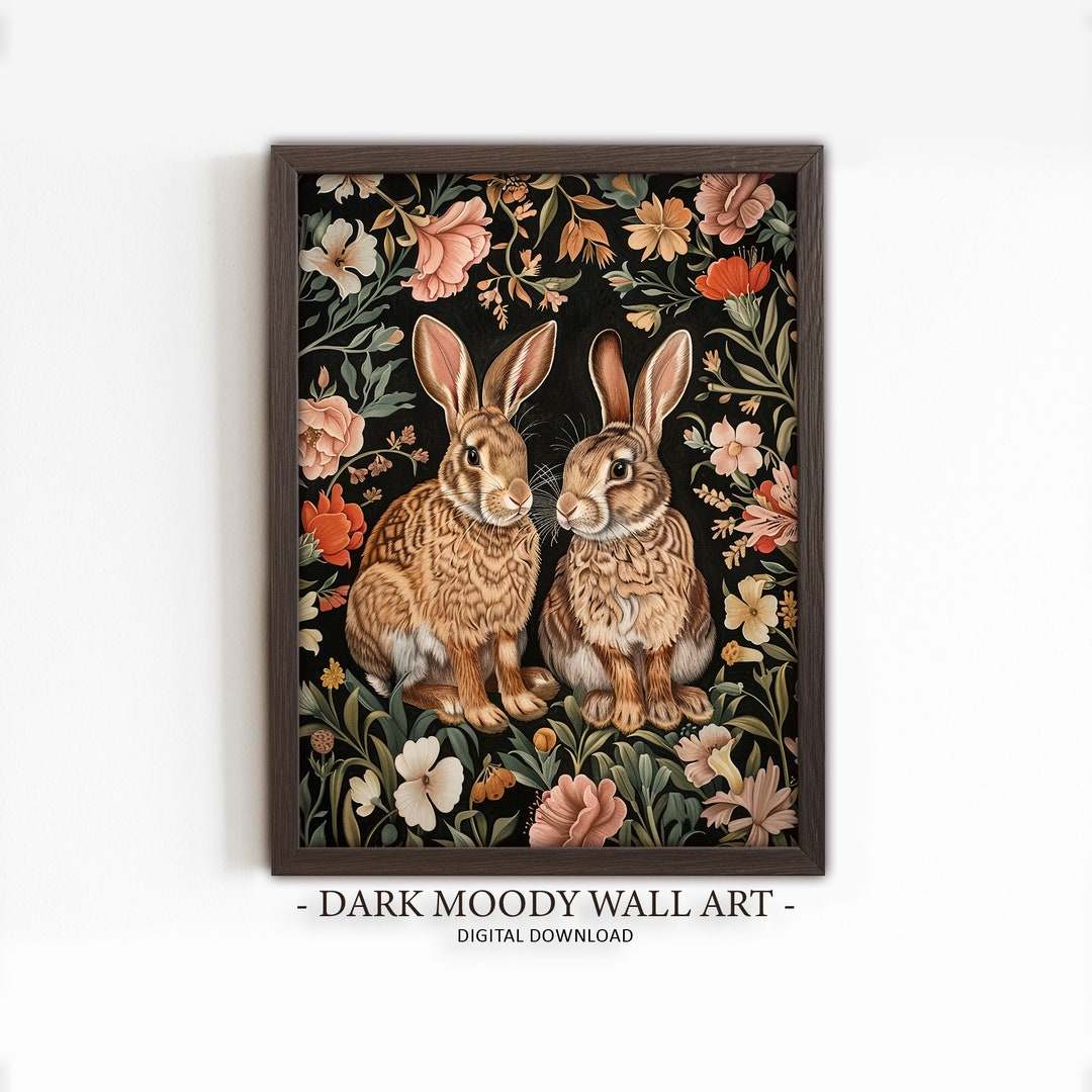 Rabbits With Flowers Printable Wall Art, Gothic Spring Animal Print ...