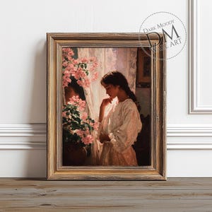 Mexican Woman Printable Wall Art, Pink Flowers Rustic Portrait Print, Digital Download