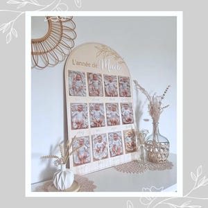 Gran panel de madera (80x50cm) para fotos (10x15cm) - El año - Nombre - para fotos de bebé - Habitación infantil - Cumpleaños de 1 año