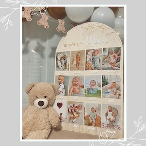 Gran panel de madera (80x50cm) para fotos (10x15cm) - El año - Nombre - para fotos de bebé - Habitación infantil - Cumpleaños de 1 año