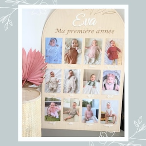 Panel grande de madera (80x50cm) para fotos (10x15cm) Mi primer año - Póster para fotos de bebé - Habitación infantil - Cumpleaños 1 año