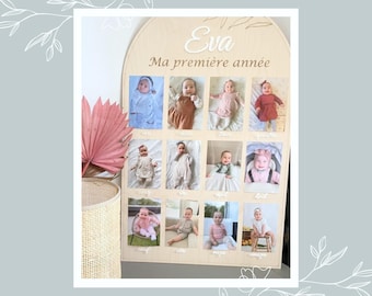 Large wooden panel (80x50cm) for photos (10x15cm) My First Year - Poster for baby photos - Children's room - 1 year birthday