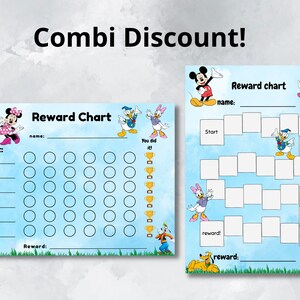 May include: Two printable reward charts featuring Mickey Mouse and Minnie Mouse characters. The first chart has a grid of circles for tracking progress. The second chart has a path with squares for tracking progress. Both charts have a blue background with clouds and grass.