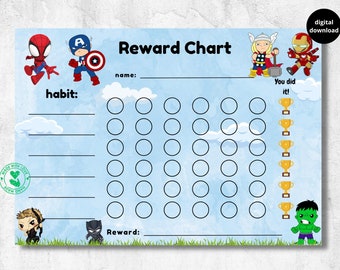 Superhero reward chart for kids, behaviour chart, habit tracker, super hero printable, download, digital