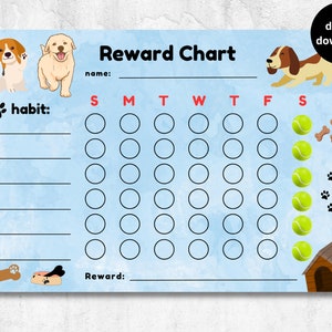 Puede incluir: Un cuadro de recompensas para perros de estilo acuarela azul, con ilustraciones de varias razas de perros. El cuadro incluye espacios para el nombre del perro, el seguimiento de hábitos y las recompensas, con una etiqueta de "descarga digital".