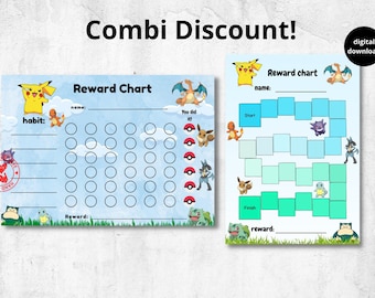 pokémon reward chart for kids, combination deal, behaviour chart, habit tracker, pikachu, charizard, printable, download, digital, A4