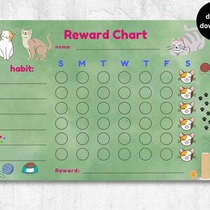 Beloningsgrafiek met kattenthema voor kinderen, gedragsgrafiek, gewoontetracker, afdrukbaar, download, digitaal, A4-formaat