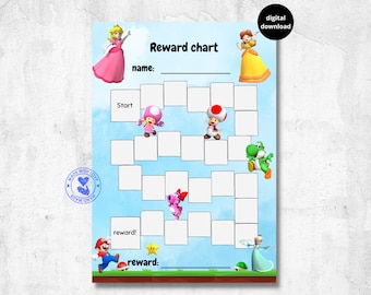 mario peach reward chart for kids, princess peach, daisy, rosalina, behaviour chart, habit tracker, printable, download, digital, A4