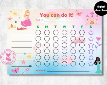 princess themed reward chart, habit tracker, behaviour chart, printable, download, digital, A4, castle, fun, for kids