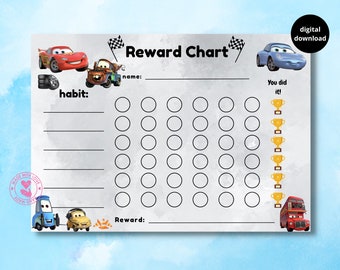 cars movie reward chart, Lightning McQueen, mater, behaviour chart, habit tracker, printable, download, digital, A4