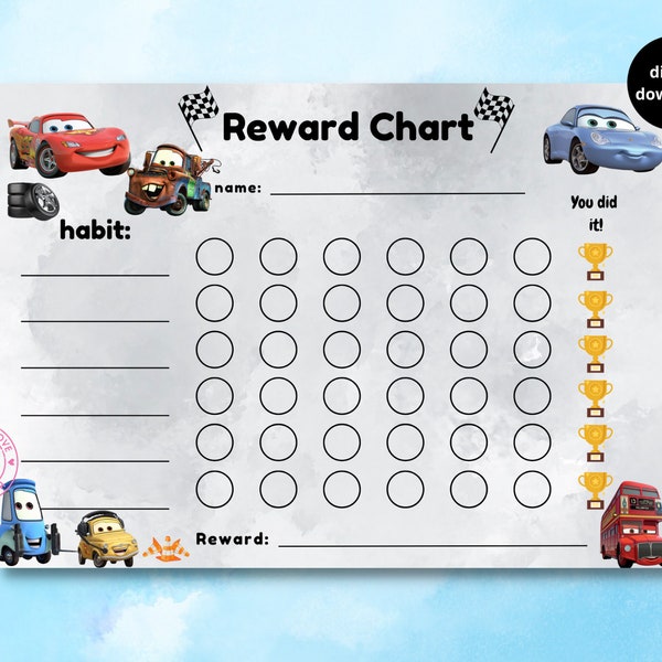 cars movie reward chart, Lightning McQueen, mater, behaviour chart, habit tracker, printable, download, digital, A4