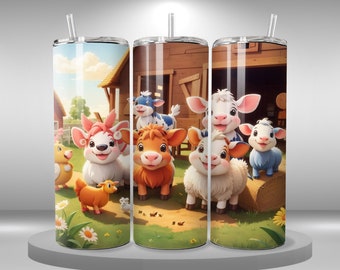 Farm animals 20oz Skinny Tumbler Sublimation Designs, Kids Tumbler Wrap PNG File Digital Download, printable, cute farm animals