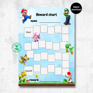 mario reward chart for kids, mario, luigi, yoshi, toad, toadette, koopa troopa, printable, download, digital, A4, behaviour chart, habits