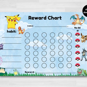Könnte beinhalten: Ein druckbarer Belohnungs-Chart mit Pokémon-Charakteren. Der Chart hat einen blauen Hintergrund mit weißen Wolken und einen grünen Grasrand. Er enthält Platz für den Namen eines Kindes, eine zu verfolgende Gewohnheit und eine Belohnung. Es gibt 35 Kreise zum Ausmalen als Belohnungssystem.