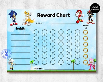 sonic the hedgehog reward chart for kids, tails, sonic, behaviour chart, habit tracker, printable, download, digital, A4