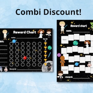 May include: Two printable Star Wars themed reward charts for children. One chart is a traditional sticker chart with a black background and stars. The other chart is a game board with a black background and stars. Both charts have spaces for a child's name, habit, and reward.