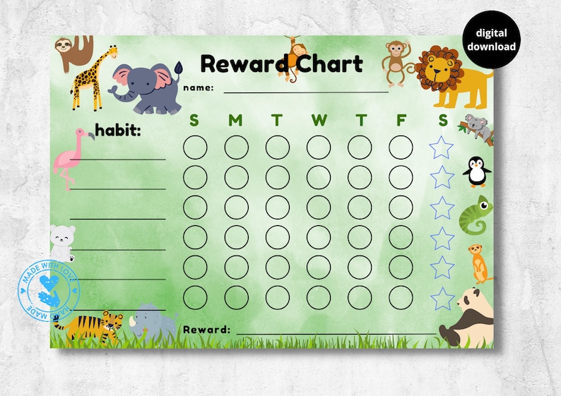 Animal Reward Chart for Kids, Zoo Animals, Lion, Rhino, Panda Bear