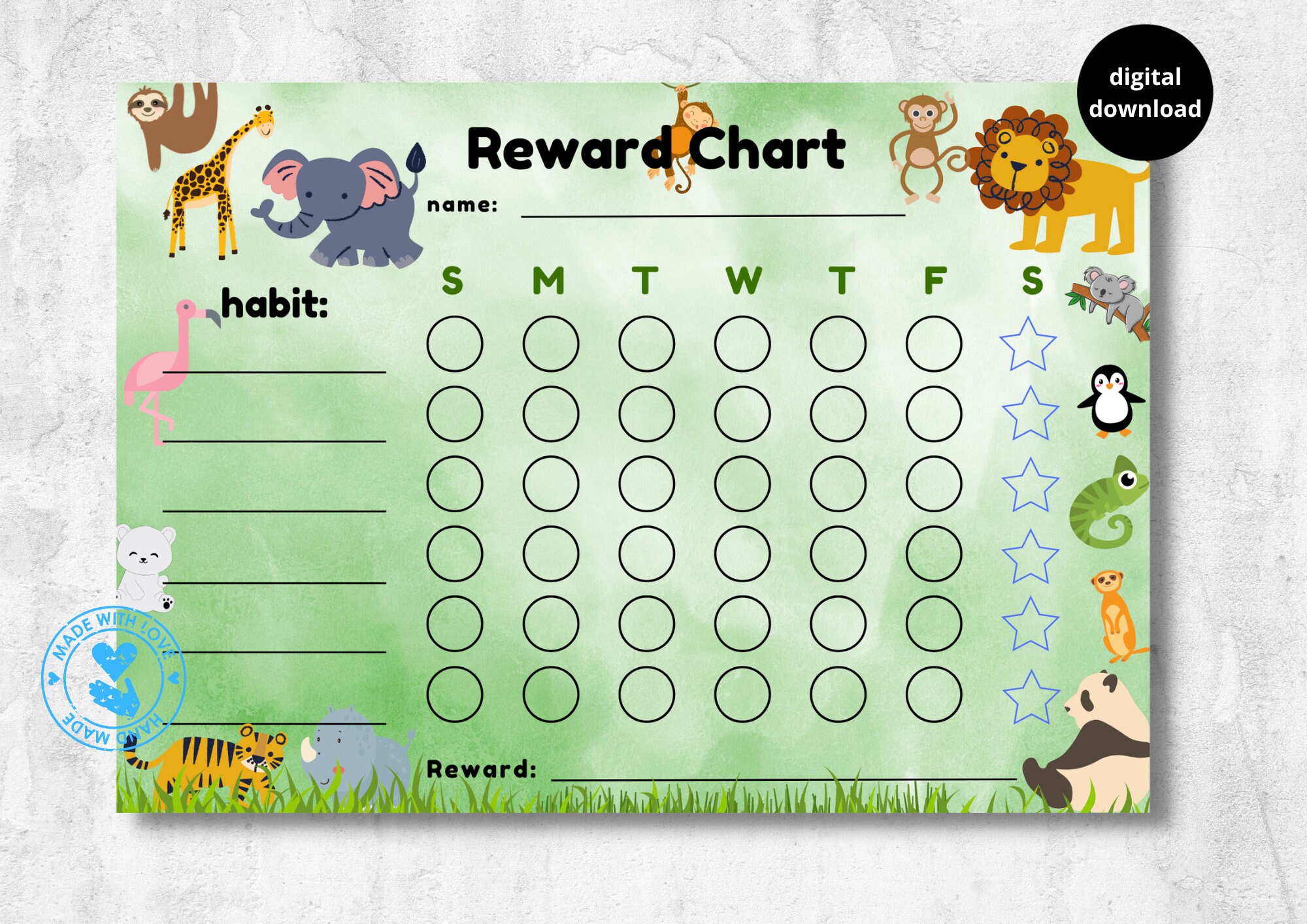Animal Reward Chart for Kids, Zoo Animals, Lion, Rhino, Panda Bear