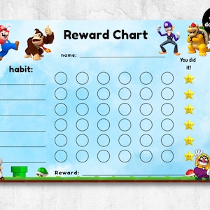 May include: A printable reward chart featuring characters from the Super Mario video game franchise. The chart has a blue background with white lines and circles for marking progress. The characters include Mario, Donkey Kong, Wario, and Bowser. The text on the chart reads "Reward Chart", "name:", "habit:", "Reward:", and "You did it!"