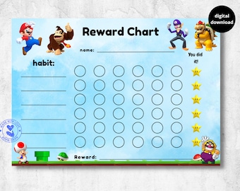 mario reward chart for kids, bowser, donkey kong, habit tracker, behaviour chart, printable, download, digital, A4