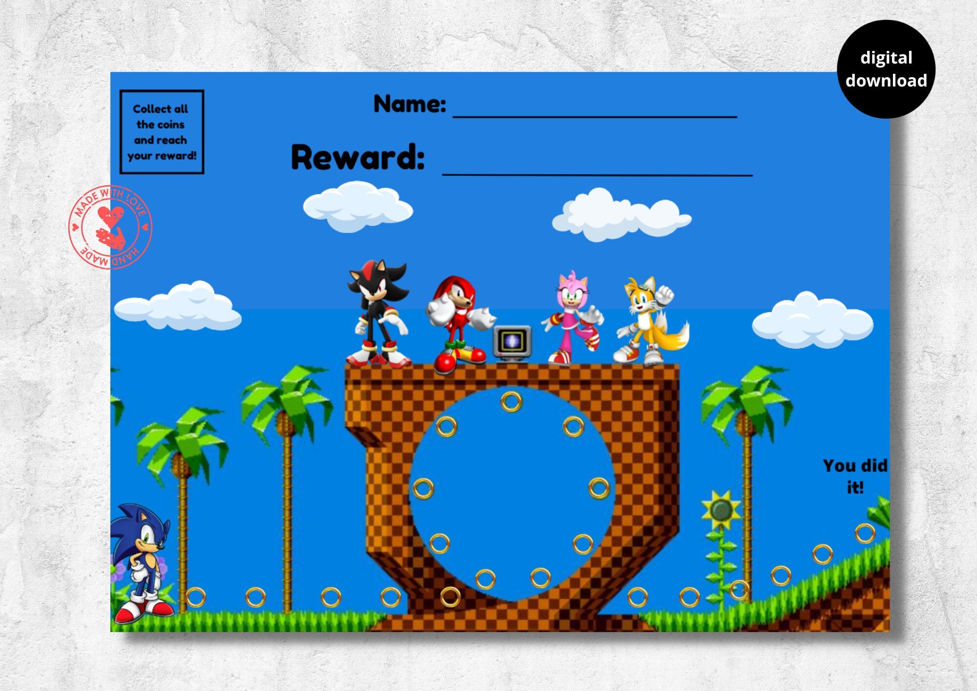 sonic the hedgehog reward chart for kids, behaviour chart, habit tracker, sonic, tails, printable, download, digital, A4