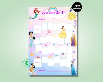 princess reward chart for kids, habit tracker, behaviour chart, printable, download, digital, A4, castle, fun, for kids