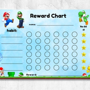 mario reward chart for kids, mario, luigi, toad, koopa troopa, yoshi, behaviour chart, habit tracker, printable, download, digital, A4