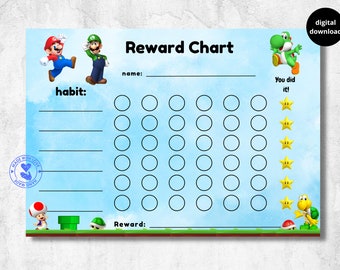 mario reward chart for kids, mario, luigi, toad, koopa troopa, yoshi, behaviour chart, habit tracker, printable, download, digital, A4