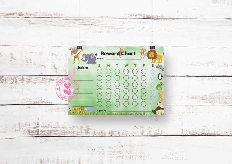 Animal Reward Chart for Kids, Zoo Animals, Lion, Rhino, Panda Bear