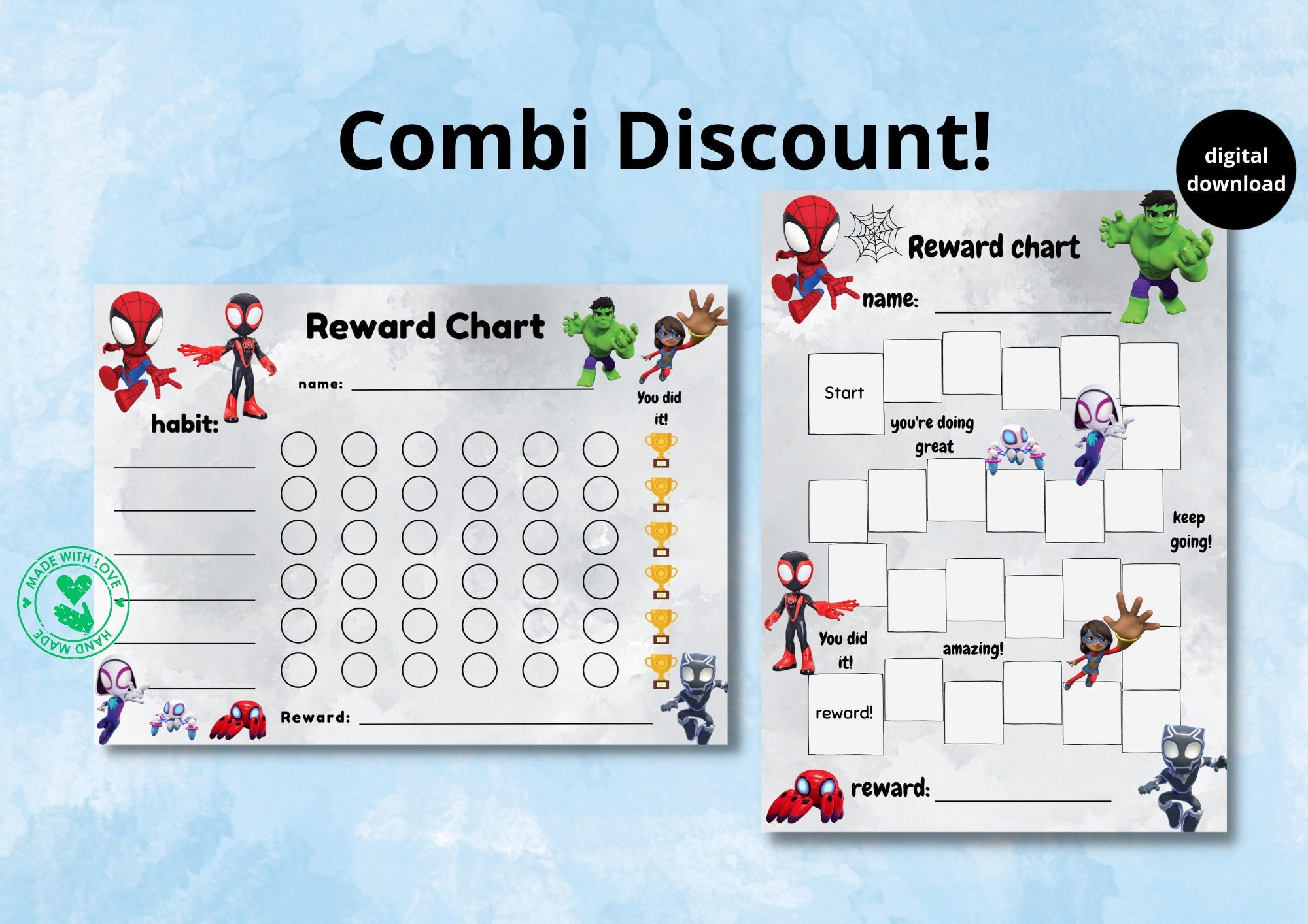spidey reward chart for kids, spider-man, spidey and his amazing friends, hulk habit tracker, behaviour chart, digital download, printable