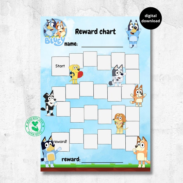 bluey reward chart for kids, potty chart, habit tracker, behaviour chart, printable, download, digital, A4