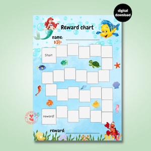May include: A printable reward chart featuring Ariel from The Little Mermaid and Flounder. The chart has a blue background with bubbles and sea creatures. It has spaces for a child's name, a reward, and a list of tasks to complete.