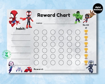 Könnte beinhalten: Ein druckbarer Belohnungs-Chart mit Spiderman, Miles Morales, Hulk und einer Superheldin. Der Chart hat Platz für einen Namen, eine Gewohnheit, die verfolgt werden soll, und einen Belohnungsbereich. Es gibt 7 Reihen mit 7 Kreisen, die zum Abhaken der Gewohnheit verwendet werden können. Der Chart enthält auch eine Spalte mit goldenen Pokalen, um den Fortschritt zu markieren.