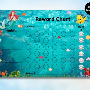 May include: A printable reward chart featuring Ariel from The Little Mermaid. The chart has a blue ocean background with bubbles and sea creatures. It has a section for a child's name, a habit to track, and a reward. There are 35 circles to colour in to track progress.