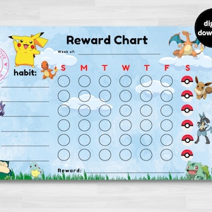 tabla de recompensas de pokémon para niños, rastreador de hábitos, pokemon, pikachu, snorlax, charizard, autoayuda, digital, descargar, imprimible