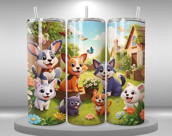 Pet animals 20oz Skinny Tumbler Sublimation Designs, Kids Tumbler Wrap PNG File Digital Download, printable, cute farm animals