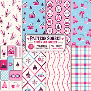 Op de afbeelding: Een digitale collectie van 12 naadloze patronen met winter- en skithema's in roze, blauw en crème. De ontwerpen bevatten huizen, ski's, sneeuwvlokken, wanten, mutsen en sjaals. Het centrale label bevat de tekst PATTERN SORBET APRÈS SKI SORBET.