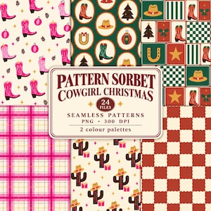 Cowgirl Christmas Seamless Pattern Bundle, 24 PNG Files, Pink Western Christmas Digital Paper, Commercial Use