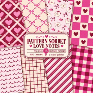 Op de afbeelding: Een digitale collectie van 16 naadloze patronen genaamd Pattern Sorbet Love Notes, met diverse ontwerpen zoals harten, strikken, enveloppen, strepen en ruitjes in tinten roze, crème en donkerrood, aangeboden als PNG-bestanden.