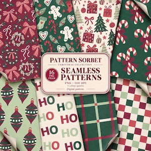 Op de afbeelding: Een digitale collectie van 16 naadloze kerstpatronen met feestelijke motieven zoals peperkoekmannetjes, zuurstokken, ornamenten, kransen en strikken in rood, groen en crème. Het centrale label leest: PATTERN SORBET CHRISTMAS COLLECTION 16 PNG FILES SEAMLESS PATTERNS PNG 300 DPI 1 colour palette Digital patterns.