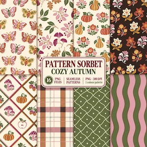 Könnte beinhalten: Eine digitale Sammlung von 16 nahtlosen Mustern mit herbstlichen Motiven wie Schmetterlingen, Kürbissen, Pilzen und Karomustern. Das zentrale Etikett lautet PATTERN SORBET COZY AUTUMN, 16 PNG FILES, SEAMLESS PATTERNS, PNG 300 DPI, 1 colour palette.